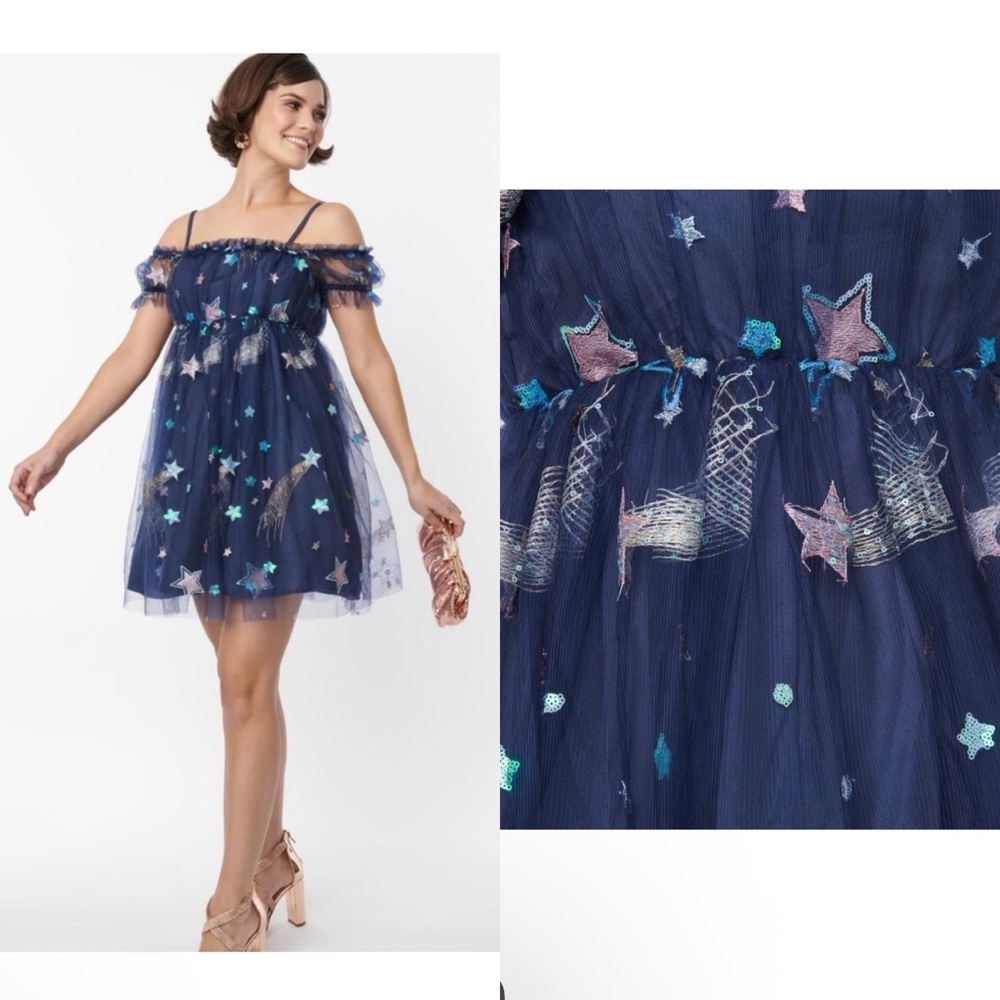 Unique Vintage Smak Parlour Navy Glitter Off the Shoulder Babydoll Dress